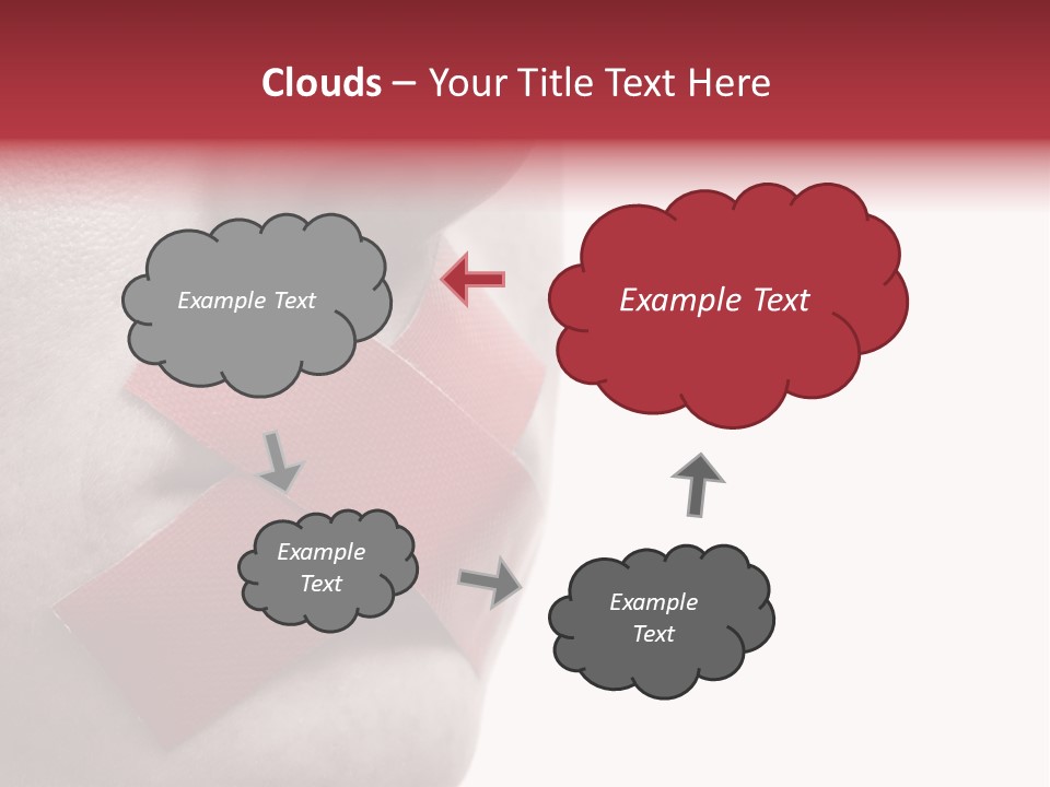 Censored Woman With Red Tape On Mouth. Colorkey, Face Toned. Isolated On White. PowerPoint Template