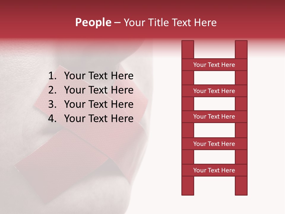 Censored Woman With Red Tape On Mouth. Colorkey, Face Toned. Isolated On White. PowerPoint Template