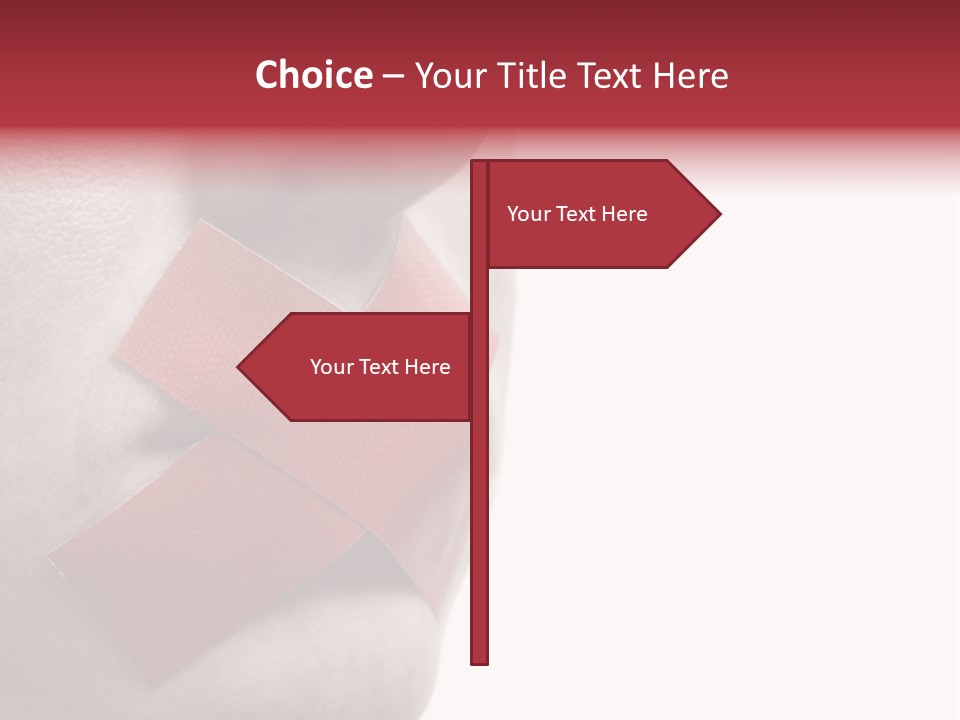 Censored Woman With Red Tape On Mouth. Colorkey, Face Toned. Isolated On White. PowerPoint Template