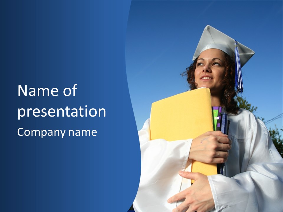 Happy Graduate Female Student Holding A Big Pile Of Textbooks And Folders PowerPoint Template