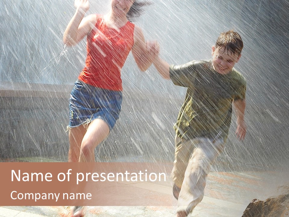 The Girl With The Boy Run Under A Down-Pour Rain PowerPoint Template