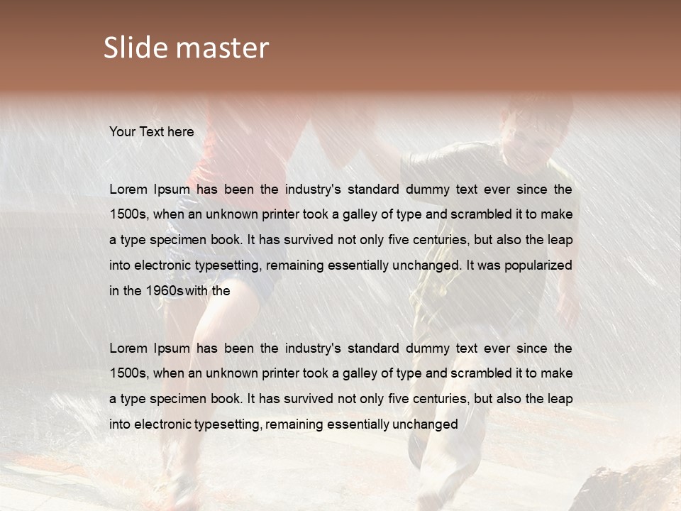 The Girl With The Boy Run Under A Down-Pour Rain PowerPoint Template