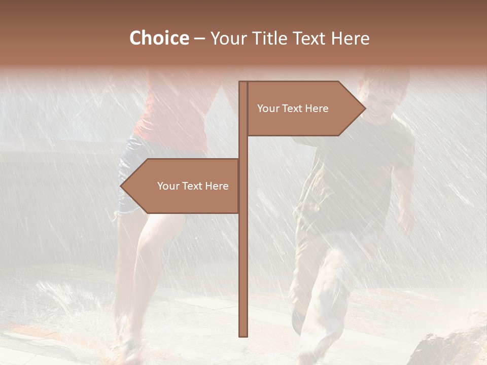 The Girl With The Boy Run Under A Down-Pour Rain PowerPoint Template