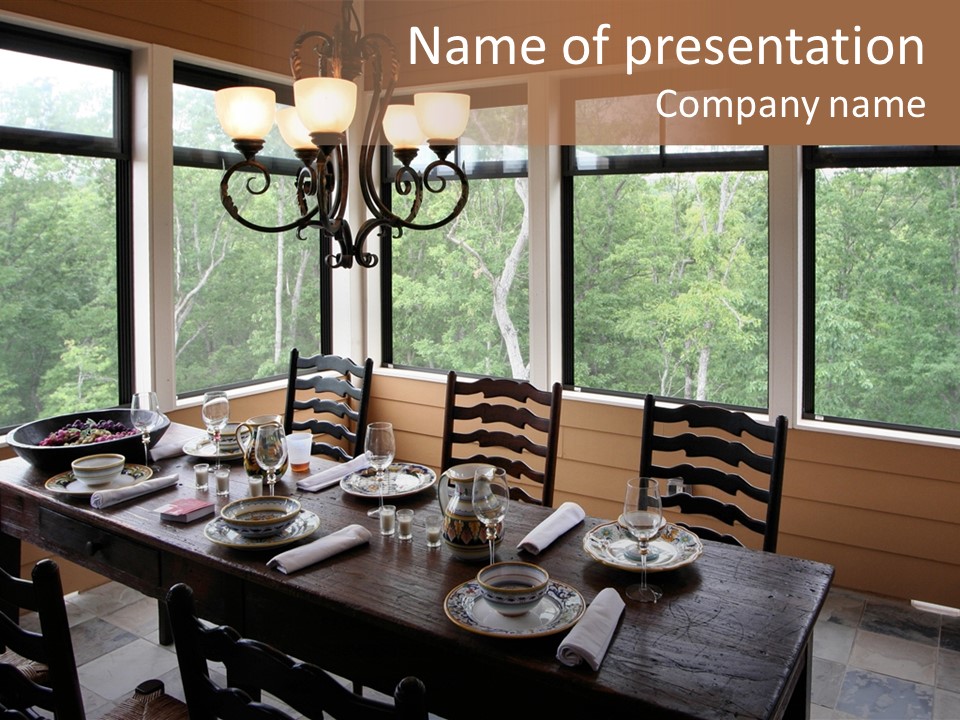 A Rustic Yet Classy Outdoor Dining Setup On A Screened Porch. PowerPoint Template