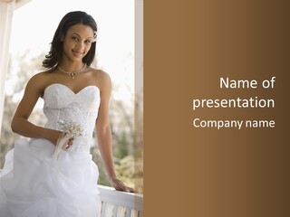 A Woman In A Wedding Dress Is Posing For A Picture PowerPoint Template