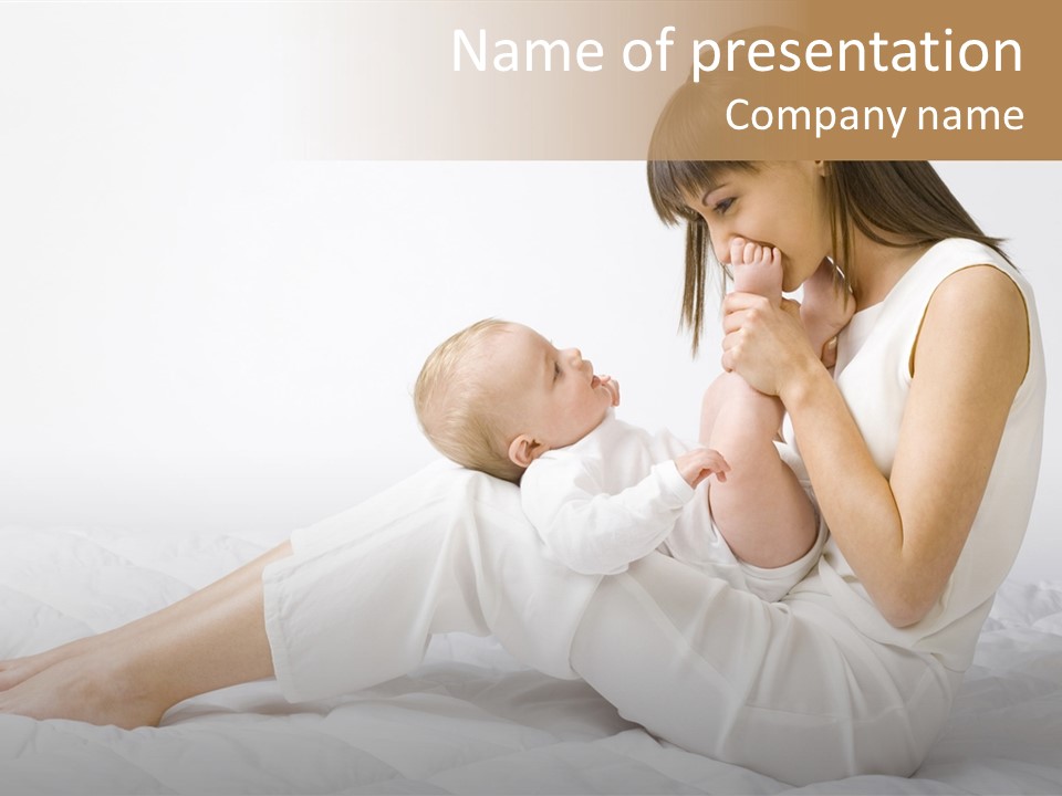 Young Mother With Baby Boy. Sitting On White Cloth And Having Fun. Whole Bodys, Side View PowerPoint Template