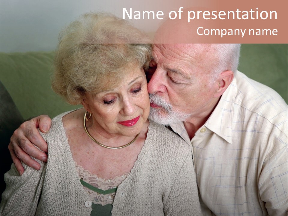 A Senior Man And Wife Deeply In Love. She Is Upset And He Is Comforting Her. PowerPoint Template