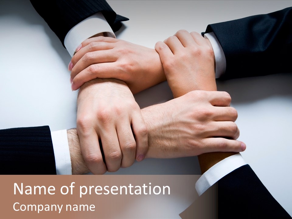 Isolated On White Four Crossed Human Hands In Business Wear PowerPoint Template