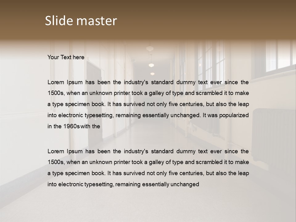 A Long Hallway In An Old High School PowerPoint Template