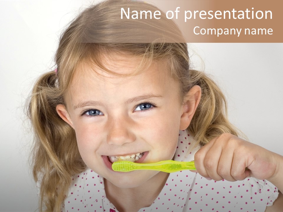 A Little Girl Brushing Her Teeth With A Brightly Colored Toothbrush PowerPoint Template