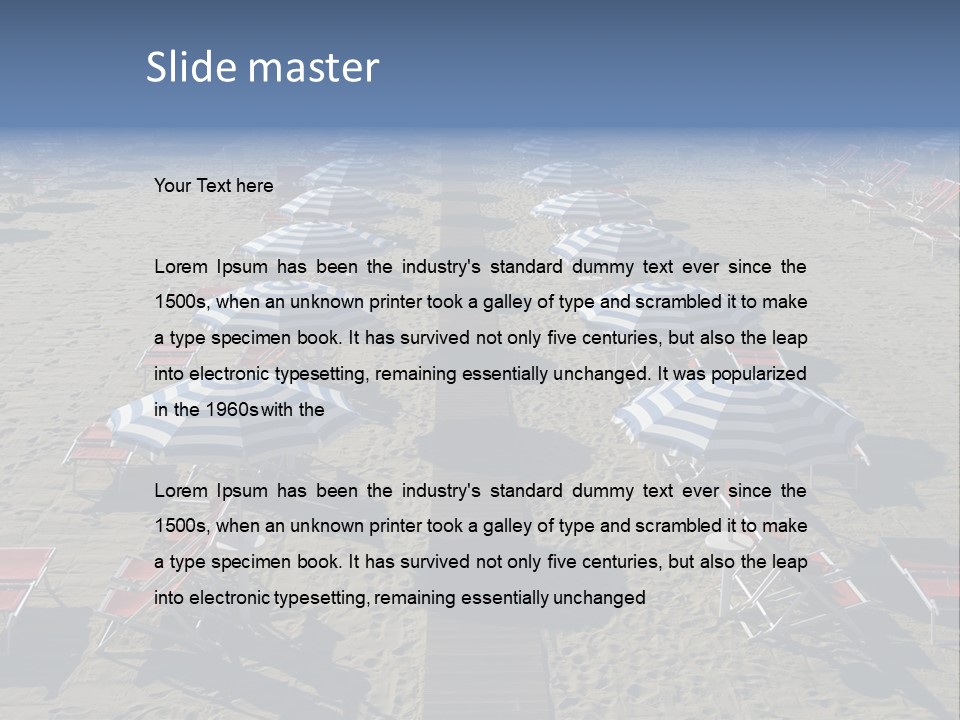 A Beach Filled With Lots Of Blue And White Umbrellas PowerPoint Template