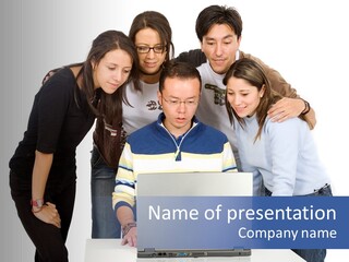 Group Of Students On A Laptop Over A White Background PowerPoint Template