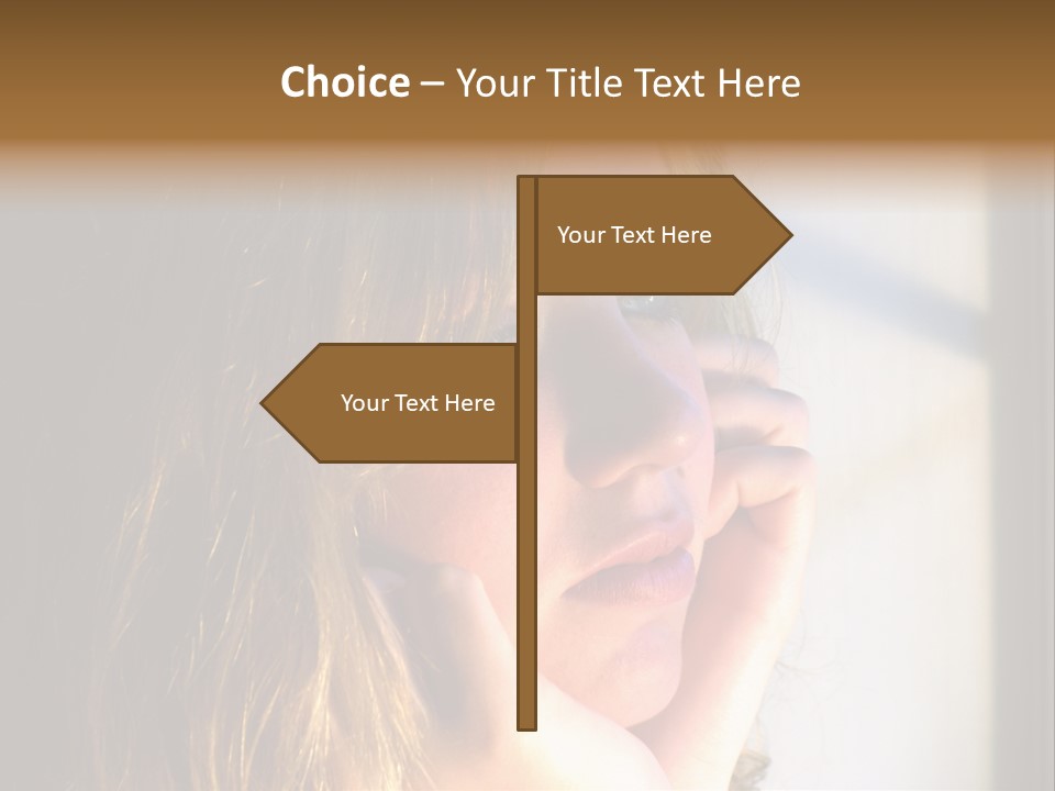 A Woman Looking Out A Window With Her Hand On Her Face PowerPoint Template