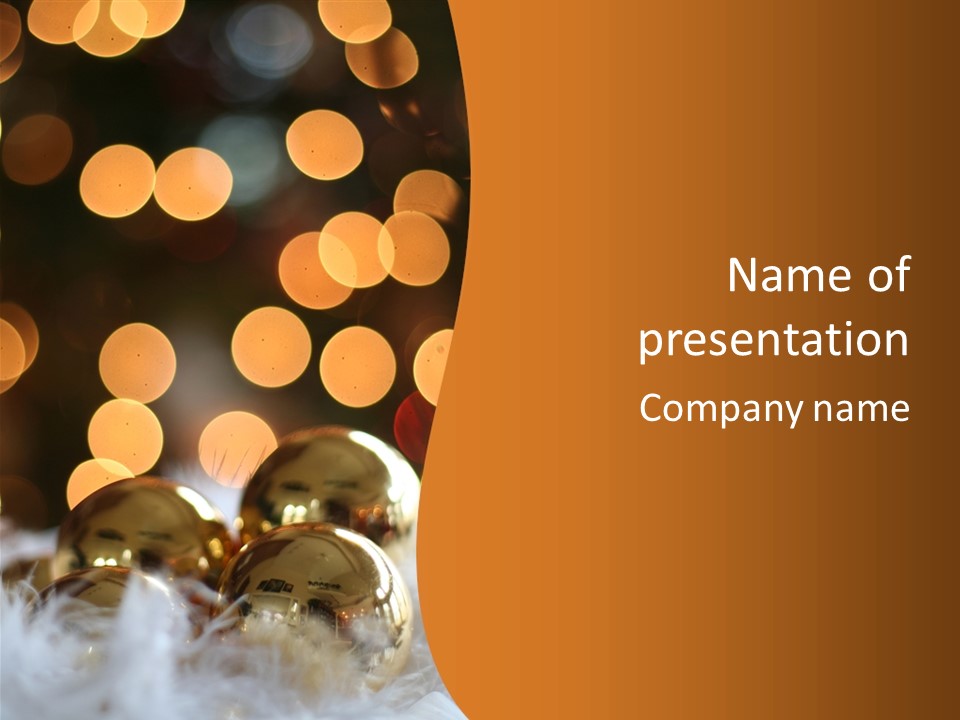 Shiny Gold Ornaments With A Christmas Light Background PowerPoint Template