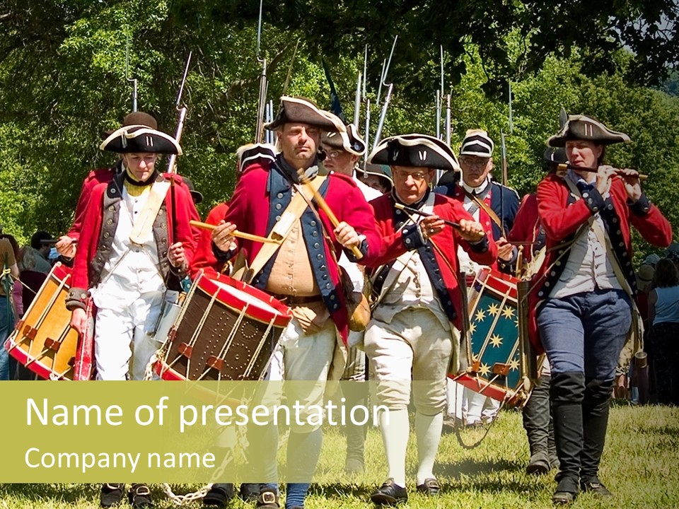 Actors Performing At The Annual Battle Of Monmouth Reenactment Located At Monmouth Battlefield State Park Every June In Manalapan New Jersey. PowerPoint Template