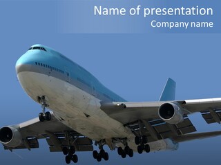 A Blue And White Airplane Is Flying In The Sky PowerPoint Template