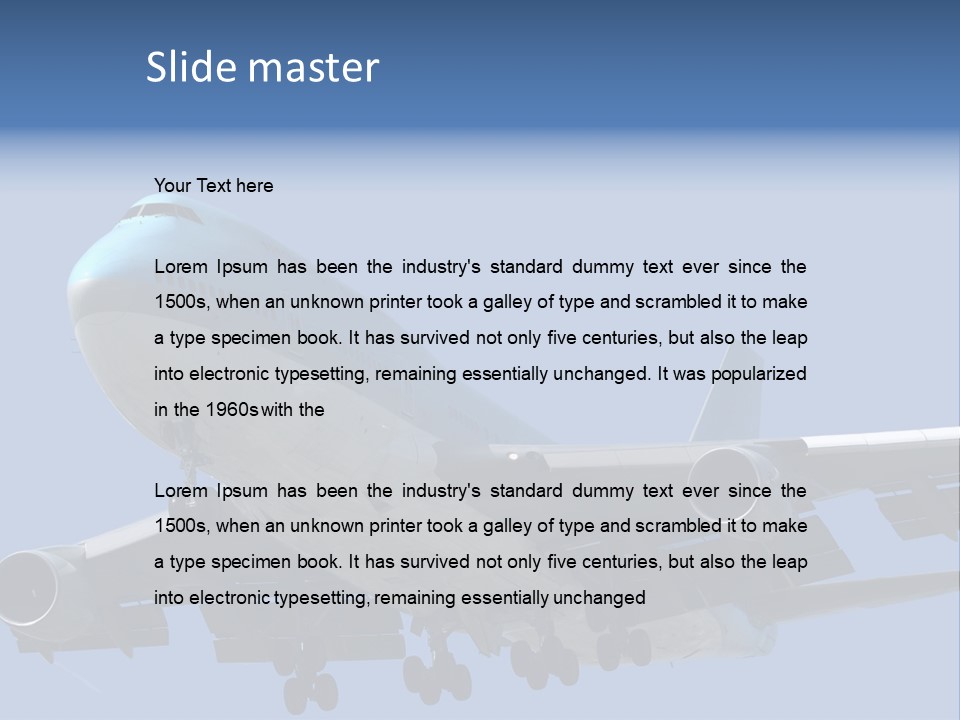 A Blue And White Airplane Is Flying In The Sky PowerPoint Template