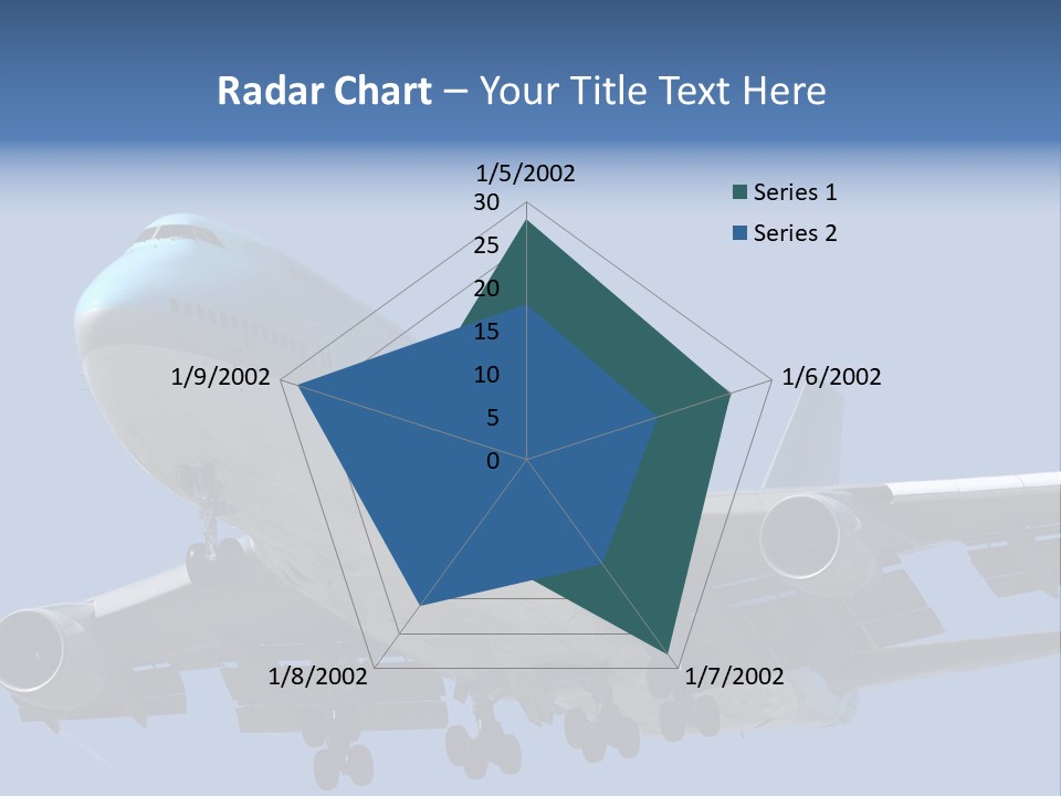 A Blue And White Airplane Is Flying In The Sky PowerPoint Template