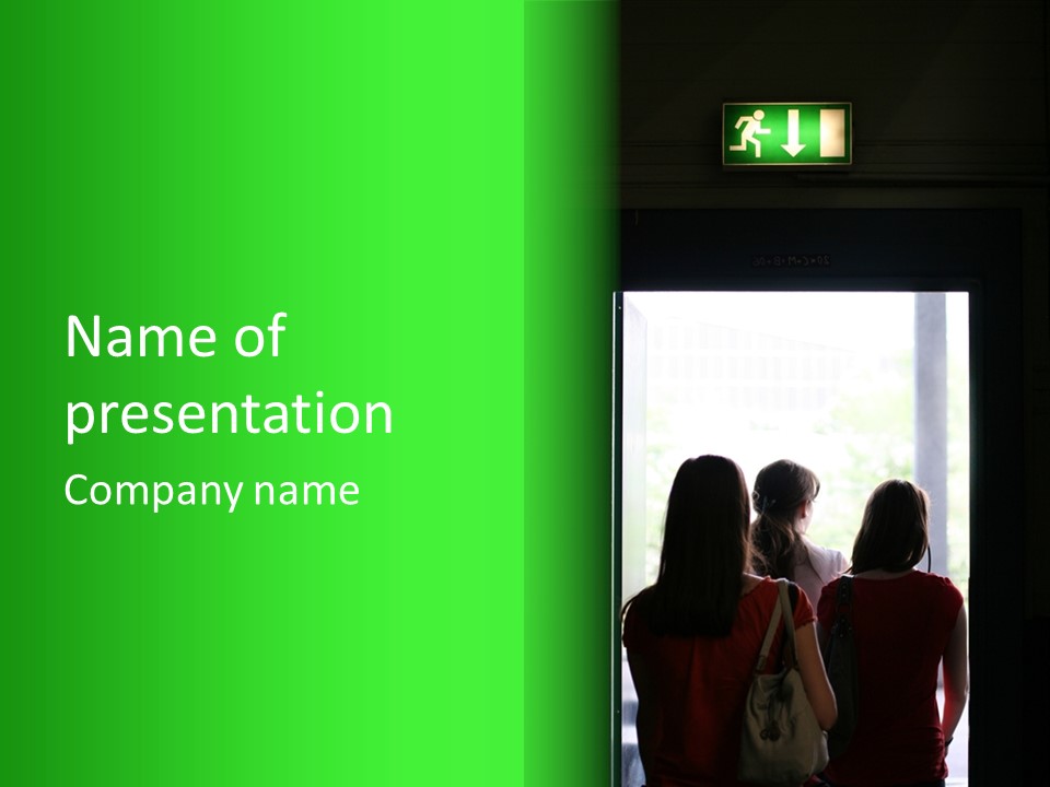 Three Girls Exit The Building On Exit Door. Exit Symbol PowerPoint Template