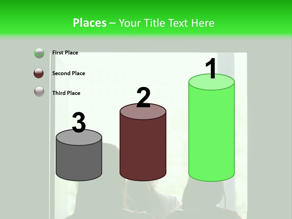 Three Girls Exit The Building On Exit Door. Exit Symbol PowerPoint Template