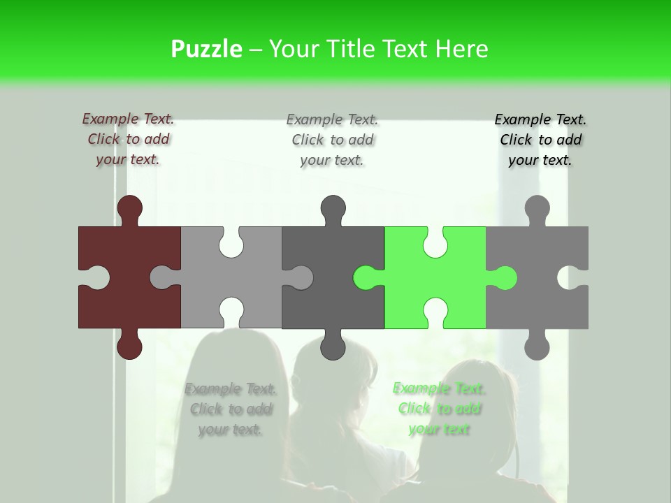 Three Girls Exit The Building On Exit Door. Exit Symbol PowerPoint Template