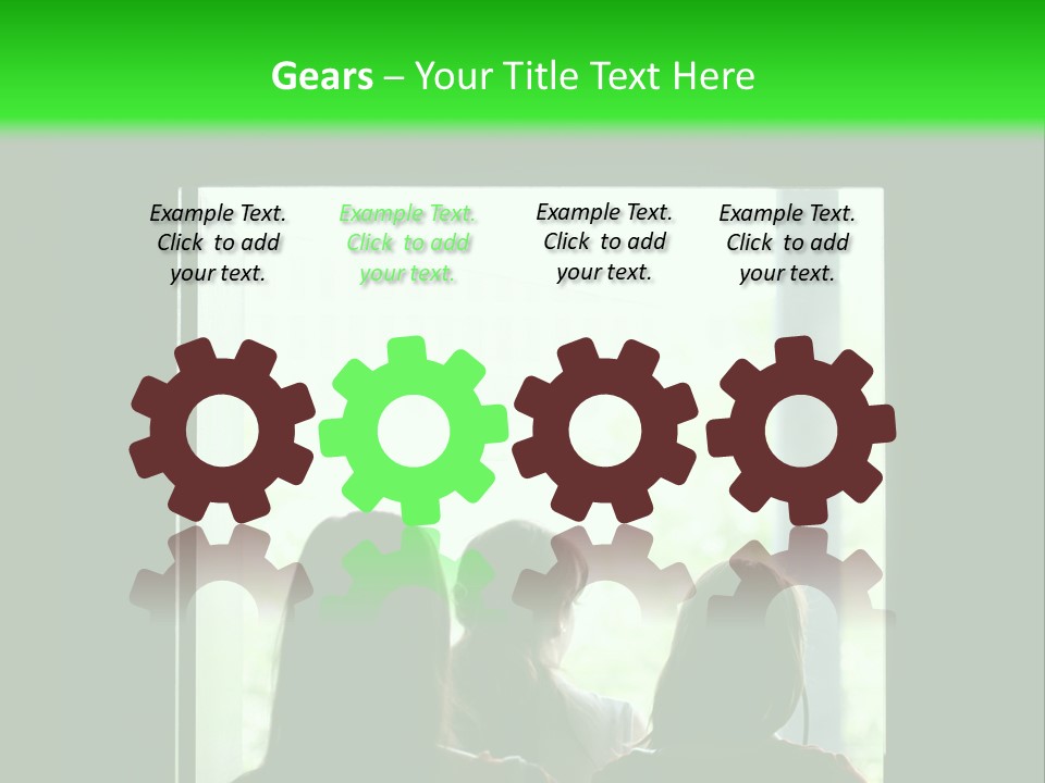 Three Girls Exit The Building On Exit Door. Exit Symbol PowerPoint Template