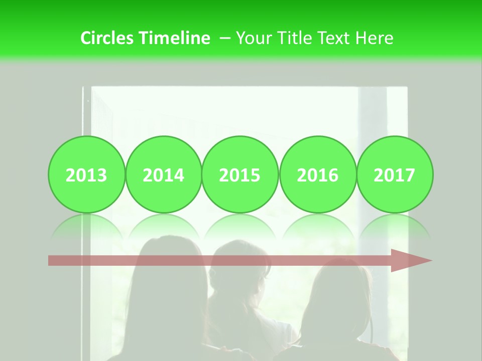 Three Girls Exit The Building On Exit Door. Exit Symbol PowerPoint Template