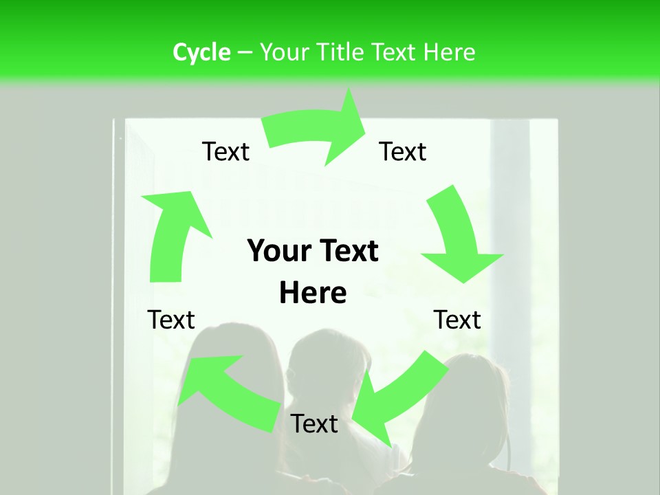 Three Girls Exit The Building On Exit Door. Exit Symbol PowerPoint Template