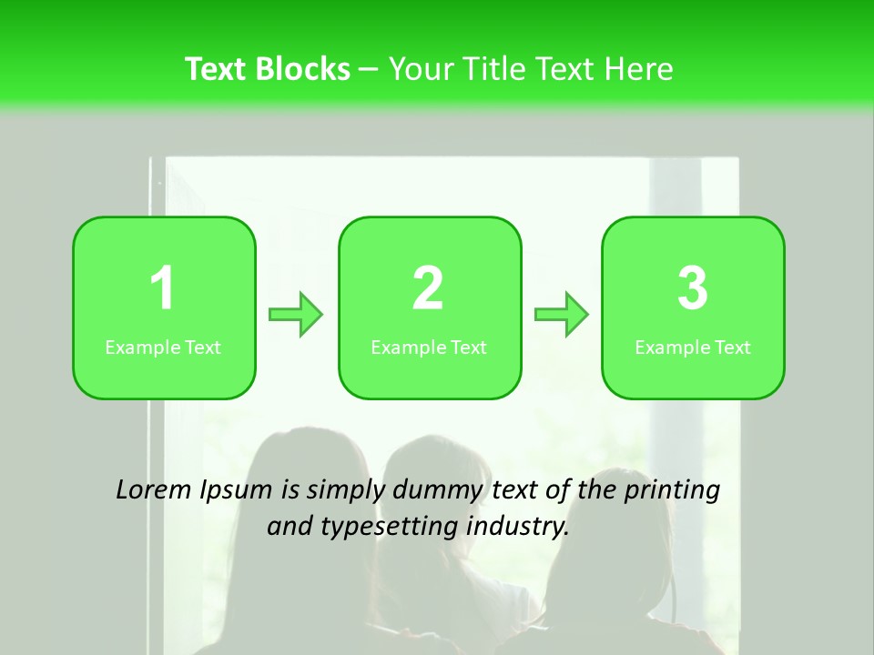 Three Girls Exit The Building On Exit Door. Exit Symbol PowerPoint Template