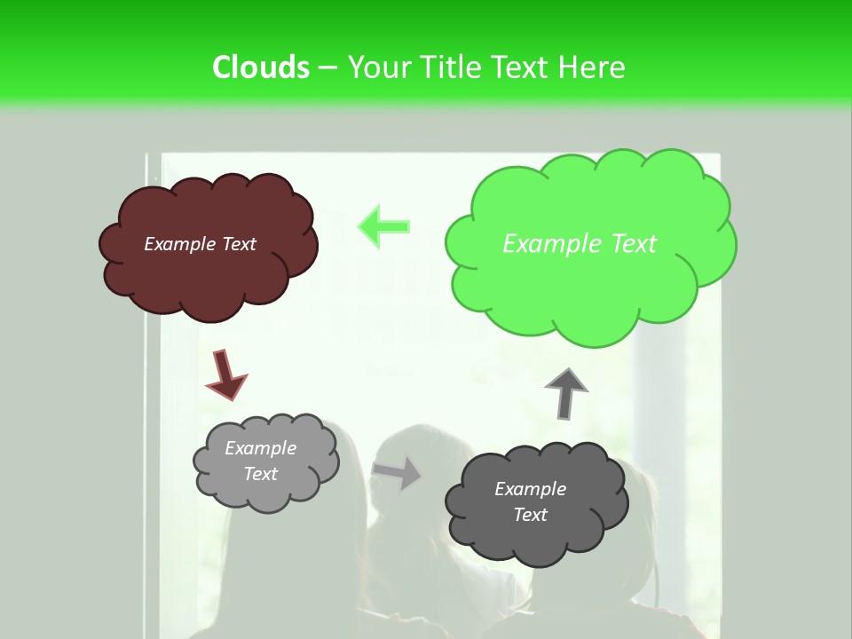 Three Girls Exit The Building On Exit Door. Exit Symbol PowerPoint Template