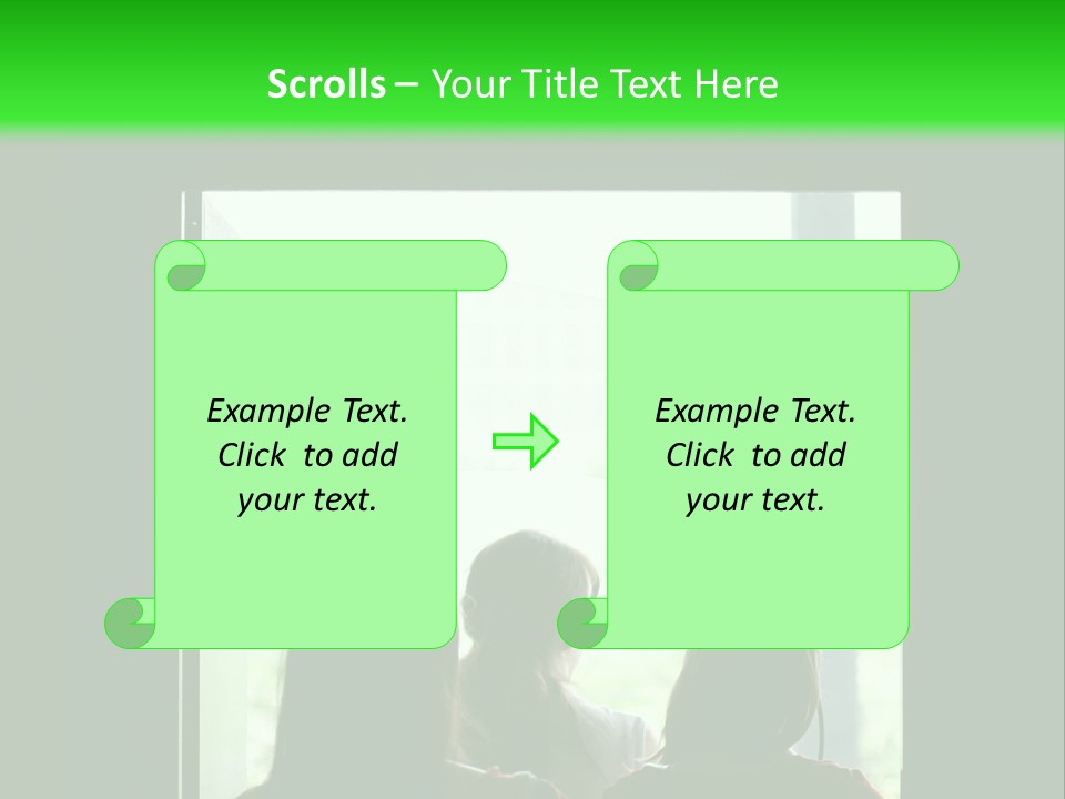 Three Girls Exit The Building On Exit Door. Exit Symbol PowerPoint Template
