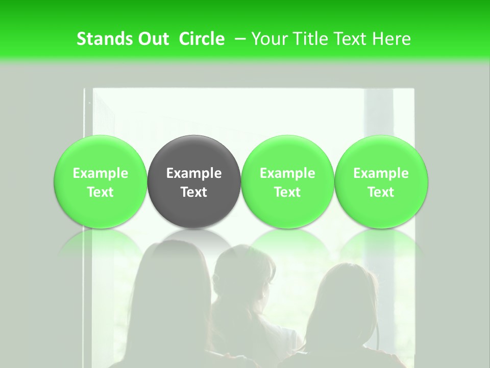 Three Girls Exit The Building On Exit Door. Exit Symbol PowerPoint Template