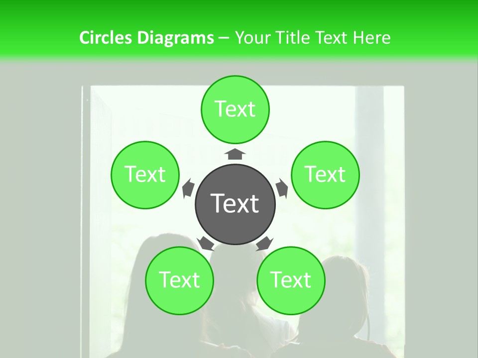 Three Girls Exit The Building On Exit Door. Exit Symbol PowerPoint Template