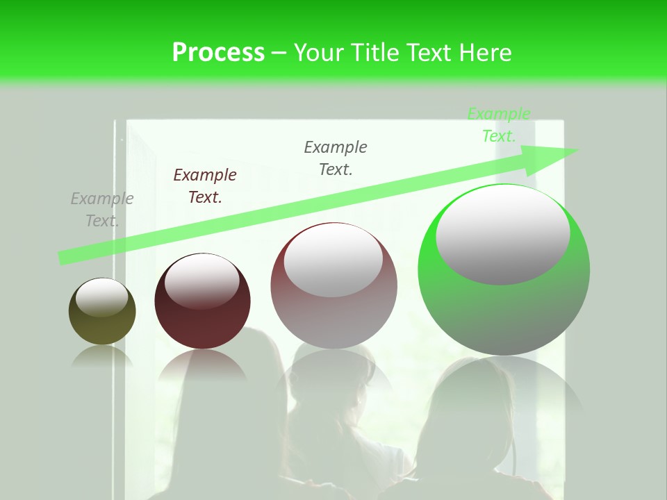 Three Girls Exit The Building On Exit Door. Exit Symbol PowerPoint Template