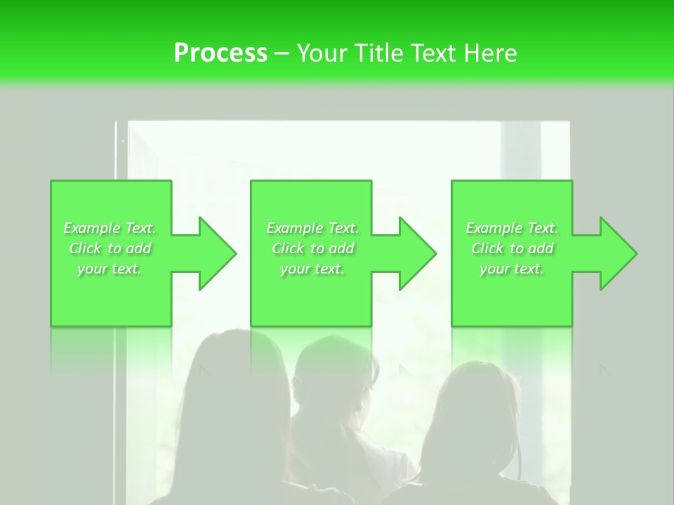 Three Girls Exit The Building On Exit Door. Exit Symbol PowerPoint Template