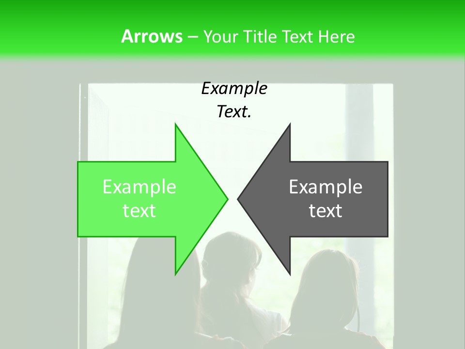 Three Girls Exit The Building On Exit Door. Exit Symbol PowerPoint Template