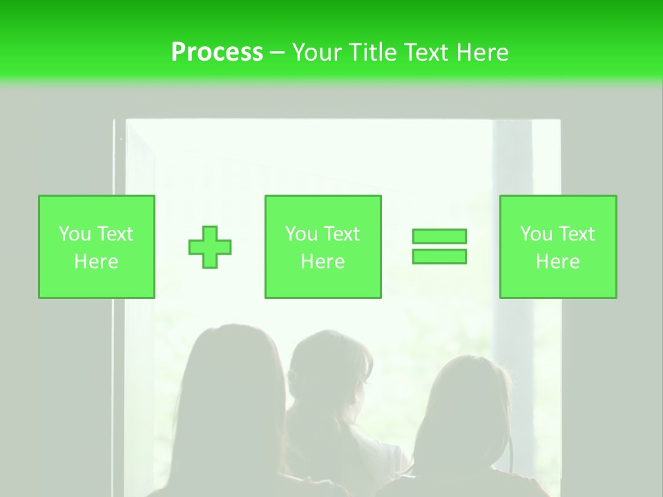 Three Girls Exit The Building On Exit Door. Exit Symbol PowerPoint Template
