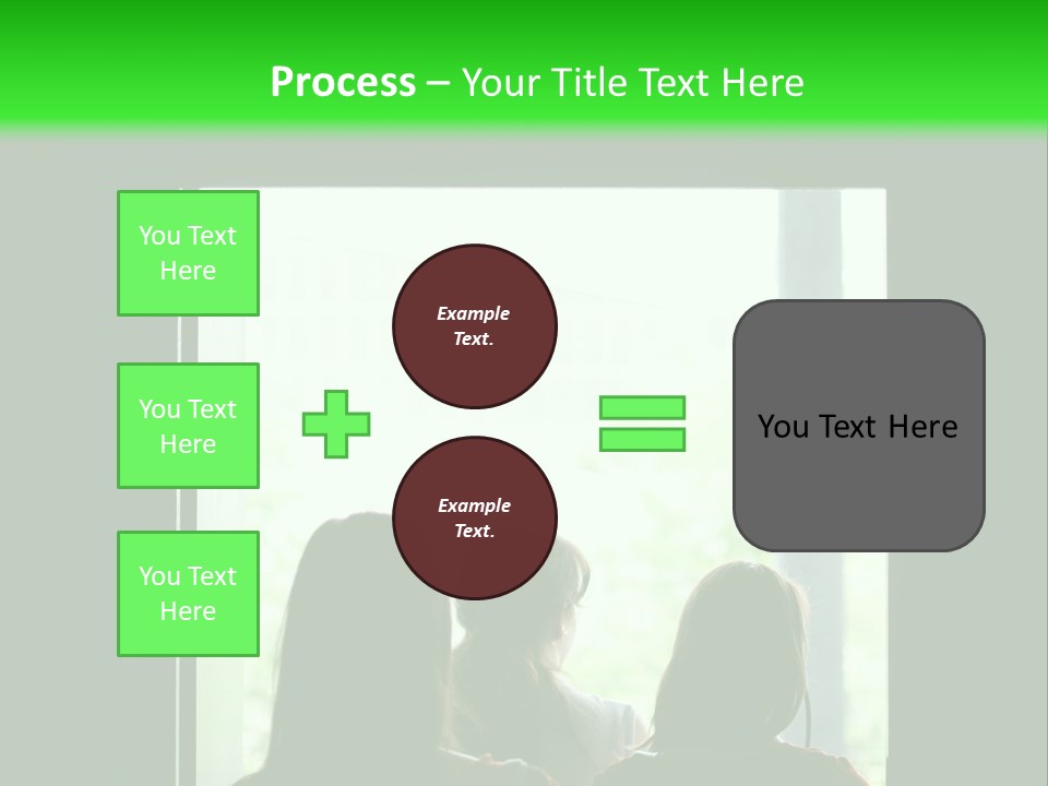 Three Girls Exit The Building On Exit Door. Exit Symbol PowerPoint Template