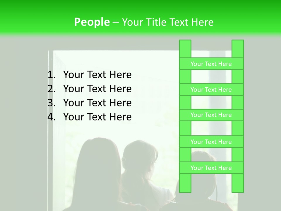 Three Girls Exit The Building On Exit Door. Exit Symbol PowerPoint Template