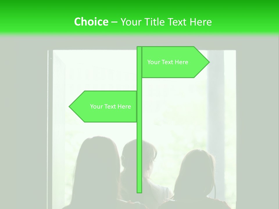 Three Girls Exit The Building On Exit Door. Exit Symbol PowerPoint Template