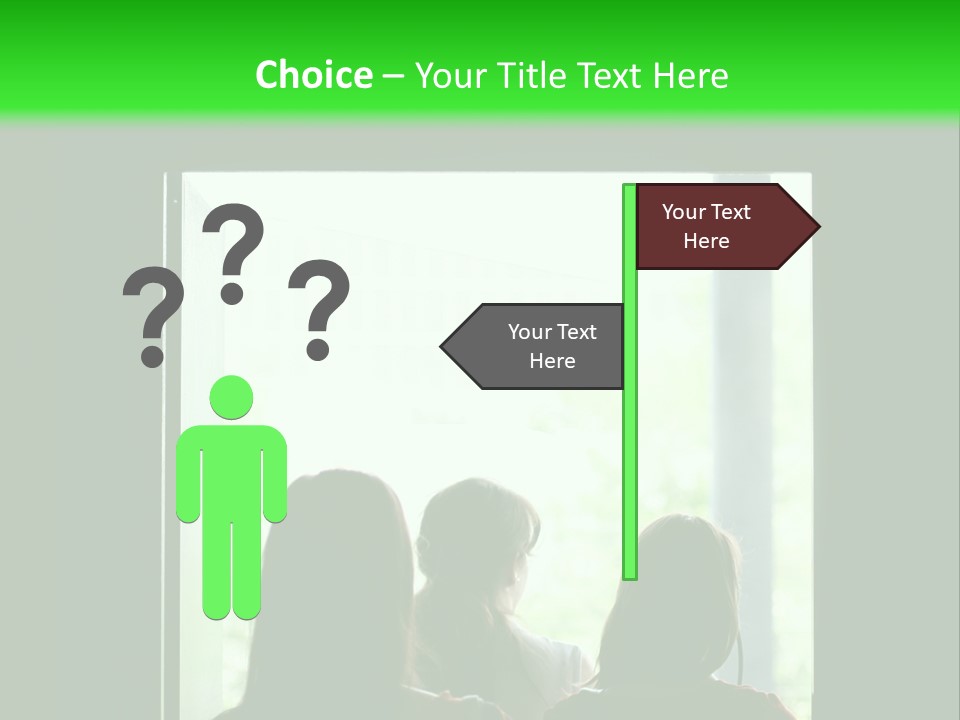 Three Girls Exit The Building On Exit Door. Exit Symbol PowerPoint Template