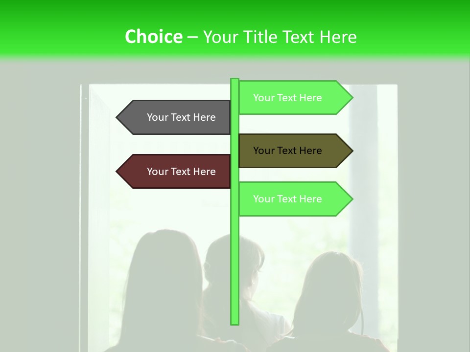 Three Girls Exit The Building On Exit Door. Exit Symbol PowerPoint Template