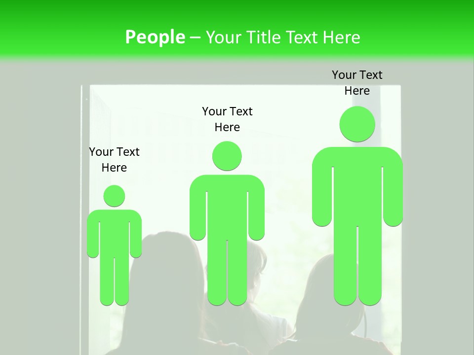 Three Girls Exit The Building On Exit Door. Exit Symbol PowerPoint Template