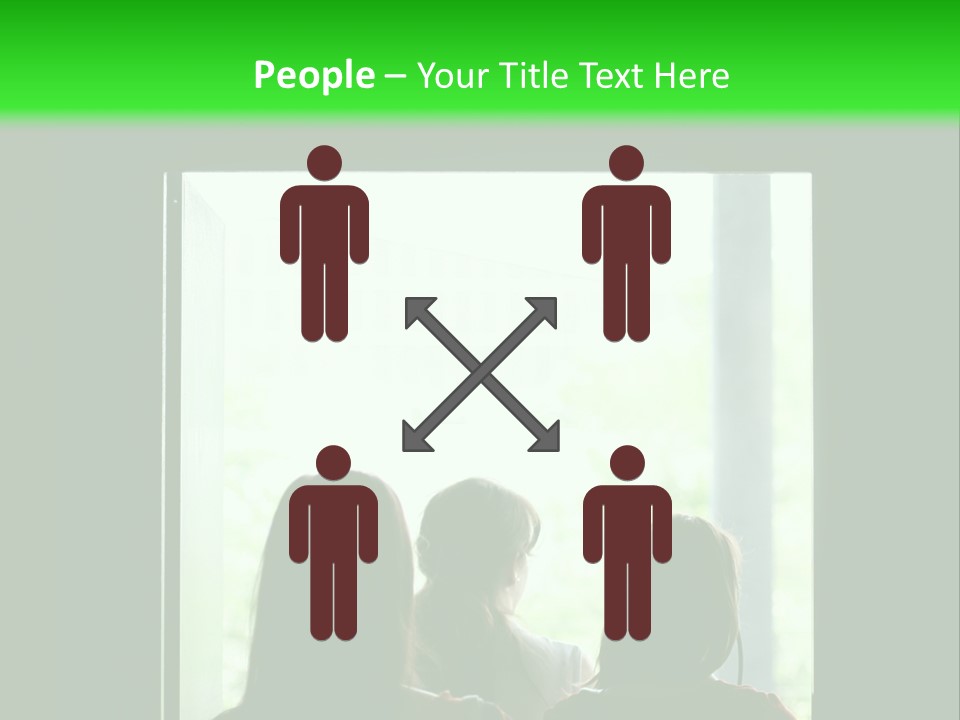 Three Girls Exit The Building On Exit Door. Exit Symbol PowerPoint Template