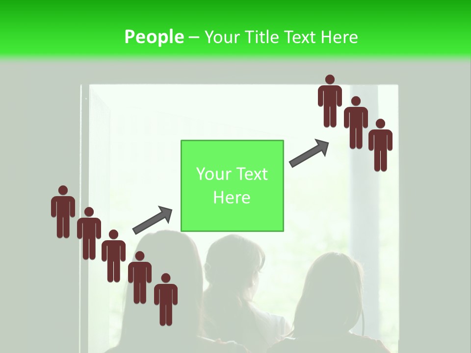 Three Girls Exit The Building On Exit Door. Exit Symbol PowerPoint Template