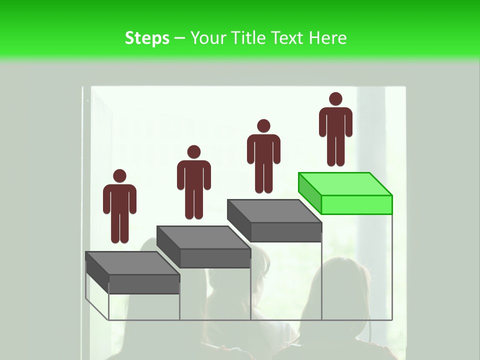 Three Girls Exit The Building On Exit Door. Exit Symbol PowerPoint Template