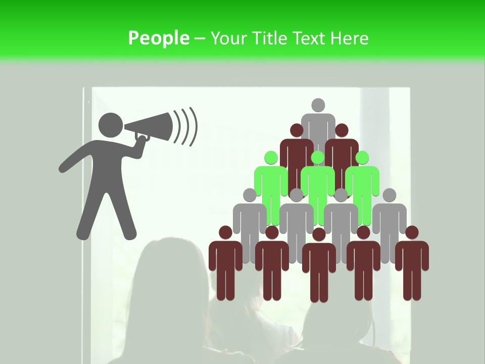 Three Girls Exit The Building On Exit Door. Exit Symbol PowerPoint Template