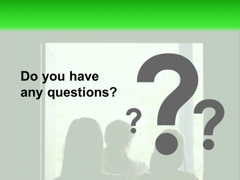 Three Girls Exit The Building On Exit Door. Exit Symbol PowerPoint Template