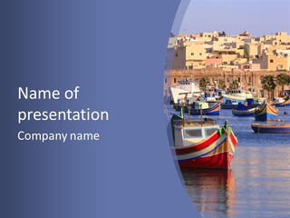 Colorful, Traditional Fishing Boats Against The Backdrop Of Marsaxlokk Village In The Mediterranean Island Of Malta. Copyspace At The Bottom And Top. See Portfolio For More. PowerPoint Template