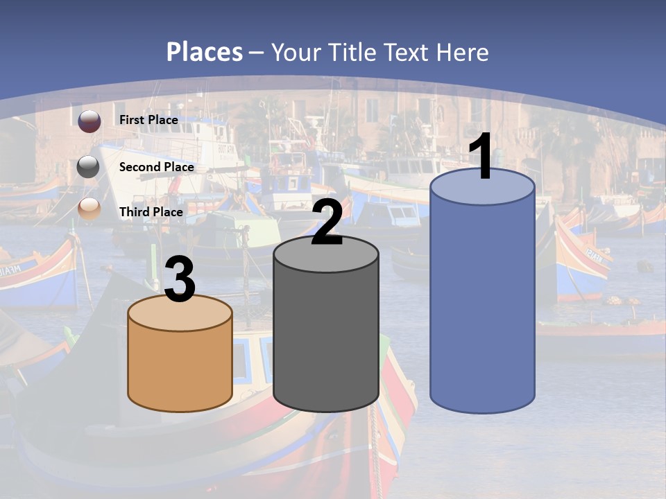 Colorful, Traditional Fishing Boats Against The Backdrop Of Marsaxlokk Village In The Mediterranean Island Of Malta. Copyspace At The Bottom And Top. See Portfolio For More. PowerPoint Template